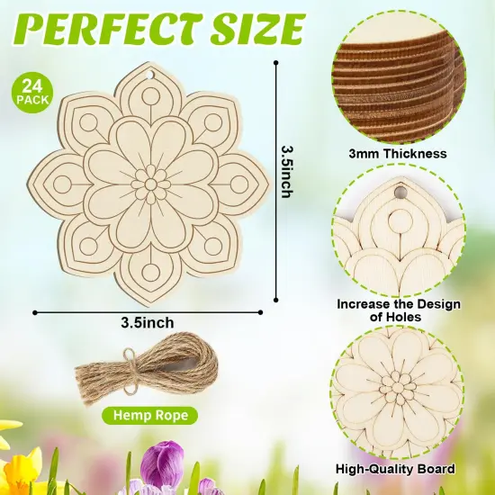 Wooden Flower Ornaments to Paint Easter Spring Decoration Cutouts Unfinished 24PCS 3.5 x 3 inches, DIY Blank Unfinished Christmas Tree Wood Discs Ornament for Home Crafts Hanging {2}