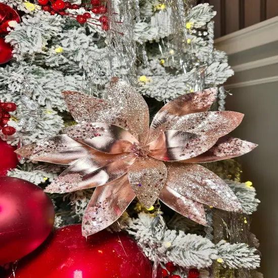 Rose Gold Metallic Poinsettia Flower Stem beaded with Sequins Set of 2 {5}