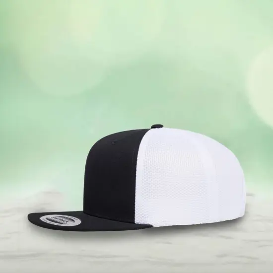 1 Count Retro High Profile Trucker Cap with Snapback Closure and Flat Bill Design Black/White {2}