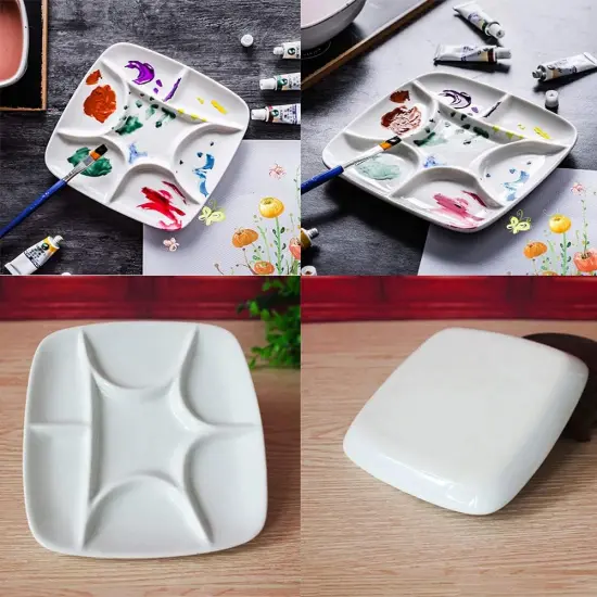 7-Well Square White Ceramic Artist Paint Palette Glazed Watercolor Painting Mixing Ceramic Porcelain Palette Oil Painting 5.7" Diameter {1}
