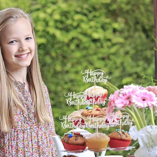 24 Pack Happy Birthday Cupcake Toppers Glitter Birthday Cupcake Food Picks for Celebrating Happy Birthday Party Cake Decorations Supplies Silver {2}