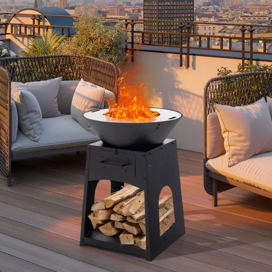 Black Metal Fire Pit with Grill and Ash Drawer and 2-in-1 Heating {3}