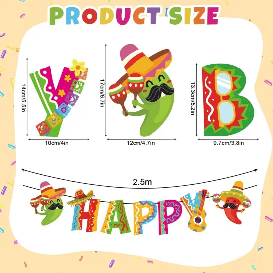 2Pcs Mexican Happy Birthday Banner Colorful Mexican Fiesta Birthday Bunting Garland Cinco De Mayo Taco Paper Banner Pre-Assembled for Mexican Carnival Birthday Hanging Decor Party Supplies {2}