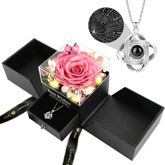 Preserved Rose Flower Gifts with Necklace - PINK {1}