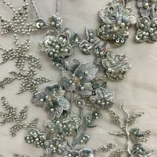 1 Yard Beaded 3D Floral Multitone Lace Fabric on 100% Polyester Net Mesh, Premium Embroidered Lace Fabric, 54" Width Taupe {2}