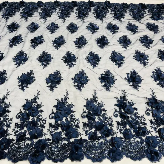 1 Yard Navy Beaded 3D Floral Embroidered Lace Fabric on 100% Polyester Mesh, 54" Width Silver {2}