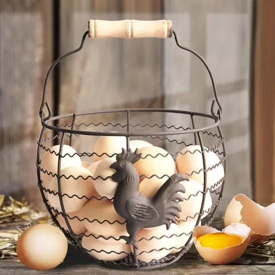 Wire Egg Basket for Gathering Fresh Eggs Collecting Basket With Handle,Rusty Chicken Decorated Small Chicken Egg Basket {1}