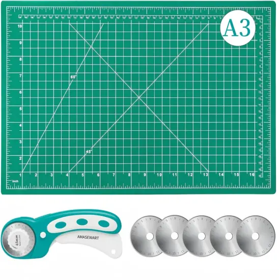 45mm Rotary Cutter and Mat Set, Fabric Cutter Wheel and 12x18 Inch Self Healing Sewing Cutting Mat, Fabric Rotary Cutter with 5pcs Rotary Blades for Quilting Patchworking Crafts, Turquoise {1}
