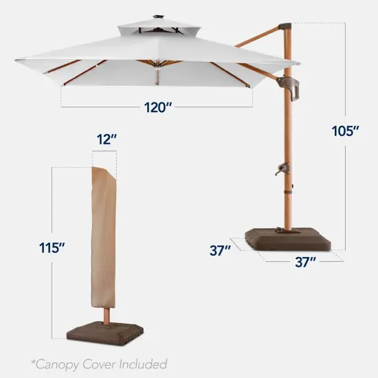 Best Choice Products 10ft Square Woodgrain Pattern 2-Tier Outdoor Solar LED Cantilever Umbrella w/ Base Fog Gray {2}