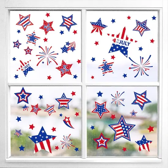 9 Sheets 4th of July Patriotic Stars Window Stickers Double-Sided Red White Blue {2}