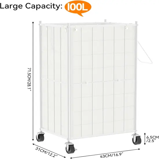 Laundry Hamper with Wheels,Metal Wire Frame Rolling Laundry-100L Dirty Clothes {4}