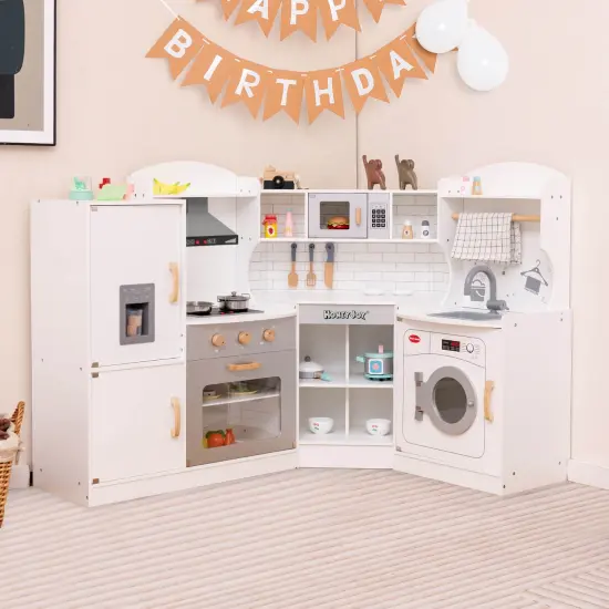 Costway Corner Play Kitchen Toddler Kitchen Playset with Range Hood, Ice Maker, Microwave White/Pink {2}