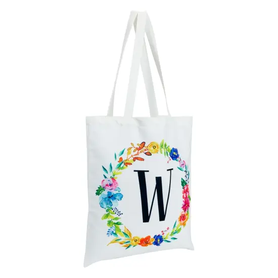 Set of 2 Reusable Monogram Letter W Personalized Canvas Tote Bags for Women, Floral Design (29 Inches) White {6}