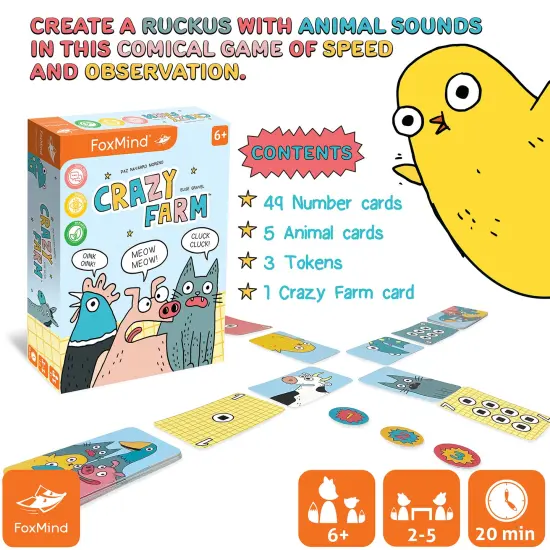 FoxMind: Crazy Farm - An Observation Card Party Game Where You Shout Out Animal Sounds, Illustrated by Elise Gravel, Family & Kids 6+, 2-5 Players {3}