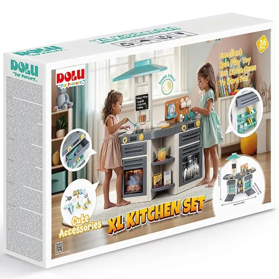 Dolu: XL Kitchen Set - Green-Yellow-Gray - 37pc Toy Cooking Center, Sounds Stove-Oven-Dishwasher Appliance Pretend Play, Dish-Food Accessories, Kid 3+ {4}