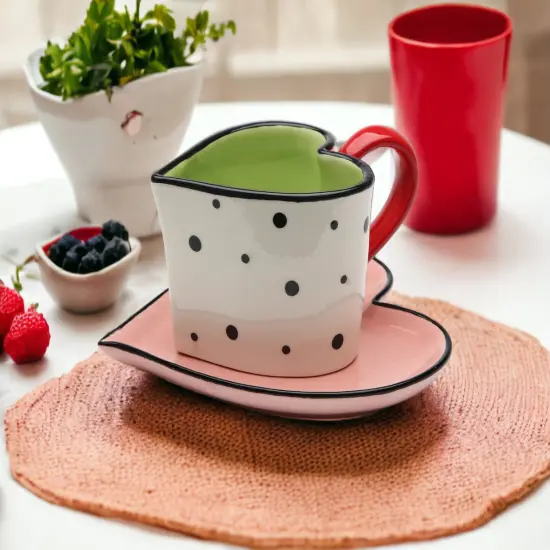 Ceramic Dotted Heart Shaped Cup & Saucer, Gift for Her, Gift for Mom, Gift for Friend or Coworker, Tea Party D&eacute;cor, Caf&eacute; Decor {1}