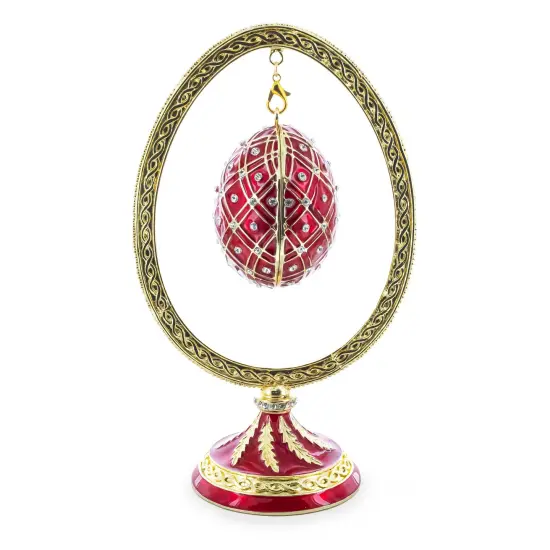 Red Enamel Jeweled Easter Egg in the Egg Shaped Display Holder Figurine {1}