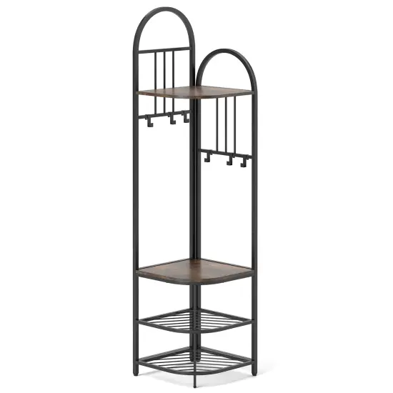4-Tier Coat Rack Corner Tree with Shoe Bench and Hooks Rustic Brown {1}