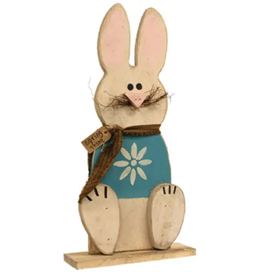 Rustic Wooden Sitting Bunny Decor with Blue Shirt and Grapevine for Spring {1}
