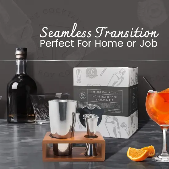 The Cocktail Box Co Premium Mixology Boston Cocktail Shaker Set, Drink Shakers Cocktail Set, Includes Hawthorne Strainer, Jigger and Wood Stand, Elevate your mixology with Boston Shaker Set Silver {2}