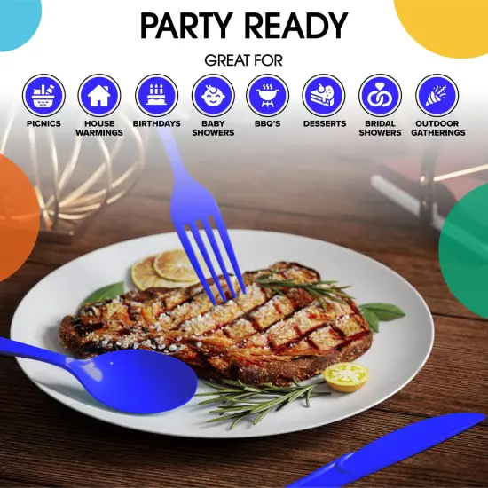 Exquisite Polished Plastic Silverware &ndash; 150 Pcs Heavy Duty Cutlery Set &ndash; 50 Each of Forks, Knives & Spoons &ndash; Disposable Utensil Set for Parties, Events & Catering &ndash; Flatware Set by Party Solids Dark Blue {6}