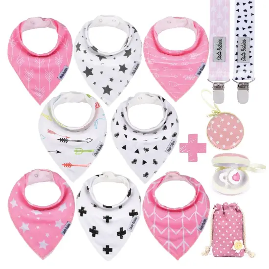 Dodo Babies Bandana Drool Bib Set - Eight 100% Cotton Bibs with Soft Polyester Lining, 2 Pacifier Clips, Binky Case, Pink Gift Bag for Baby Girl or Boy Shower - Adjustable Snap Fit for 3-24 Months {1}