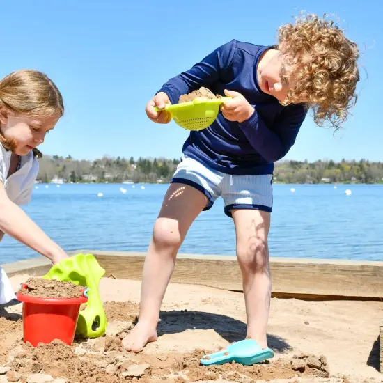 HABA Sand Toys Basic Set - 5 Piece Bundle with Plastic Pail, Sieve, Mold, Scoop and Sifting Shovel Sized just for Toddlers Ages 18 Months + Multicolor {7}