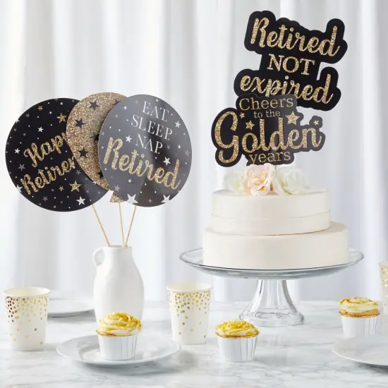 Happy Retirement Decorations Party Centerpieces, Black and Gold Stick Table Toppers, 5 Designs (30 Pieces) {2}