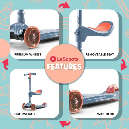 LaScoota 2-in-1 Kids Kick Scooter, Adjustable Height Handlebars and Removable Seat, 3 LED Lighted Wheels and Anti-Slip Deck, for Boys & Girls Aged 3-14 and up to 100 lbs, Sit and Scoot Fun Blue {5}