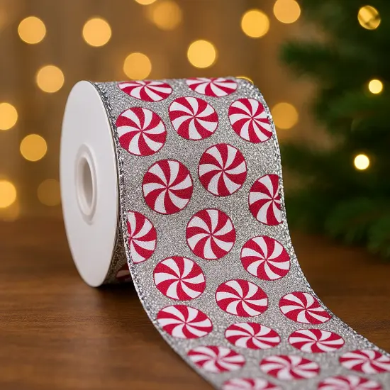 Designer&rsquo;s Shop WR 63-5212 Holiday Peppermint Candy Wired Edge Ribbon &ndash; 2.5" x 10 Yards, Silver Glitter Background {4}