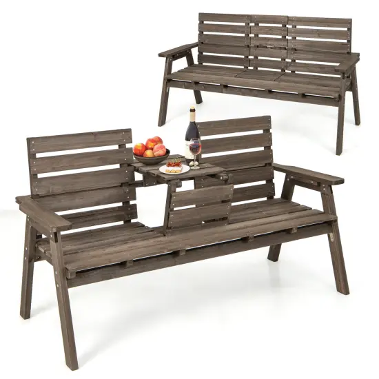 Coffee Wooden Outdoor Bench with Foldable Middle Table Ideal for 2-3 People {4}