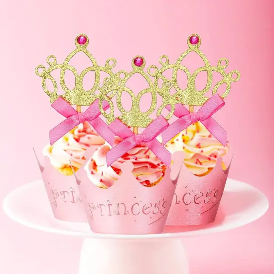 72 Pieces Glittery Princess Cupcake Toppers Crown Wrapper Holder Pink Gold Crown Tiara Pick Glitter Heart Cupcake Topper Baby Shower Decoration for Birthday Wedding Party Decor {4}