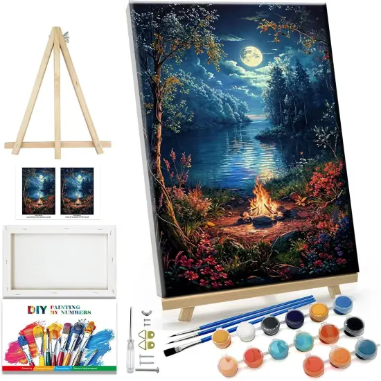 Landscape Paint by Numbers Kit for Adults Beginner with Easel Moon Paint by Number on Canvas with Frame DIY Acrylic Painting for Ideal Gift Home Wall Decor 7.87x11.81 Inch {1}