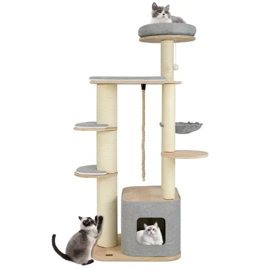 63 Inch Tall Wooden Cat Tree Tower with Soft Padded Cushion Platforms and Full-Wrapped Scratching Posts {4}