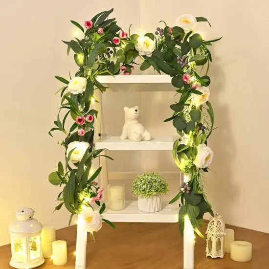 Flower Garland with Lights, Greenery Floral Garland with Camellia Rose Buds Fake Flowers for Wedding Arch Party Tables Mantle Backdrop Room Decor {5}