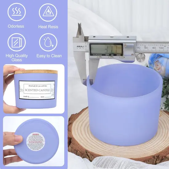 8 Pack 12 OZ Purple Glass Wide Mouth Candle Jars for Making Candles with Airtight Bamboo Lids Nice Sticky Warning Labels for Candle Making Empty Container Bulk - Dishwasher Safe {2}