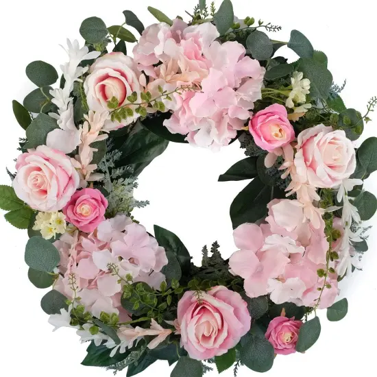Artificial Pink Rose Wreath 20 inches Front Door Wreath with Hydrangea Green Leaves Wreath Artificial Spring Wreath Valentines Mother's Day Wreath for Wall Wedding Party Home Decor (Pink) {5}