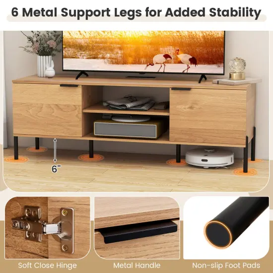 Natural Wood TV Stand with Charging Station, Storage, Metal Legs and Cable Management {6}