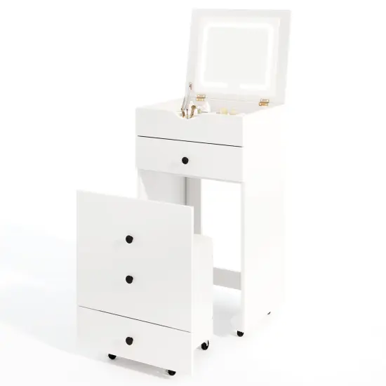 White Flip-Up Vanity Set with LED Mirror, Storage & Rolling Stool {1}