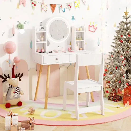 MDF and Pine Wood Kids Vanity Set with LED Mirror, Storage and Chair White {2}