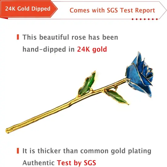 Gold Dipped Rose, 24K Gold Rose Made from Real Rose - Unique Design Gold Plated Rose for Anniversary Valentines Mothers Day Birthday Gifts (Blue Rose with Stand) {4}