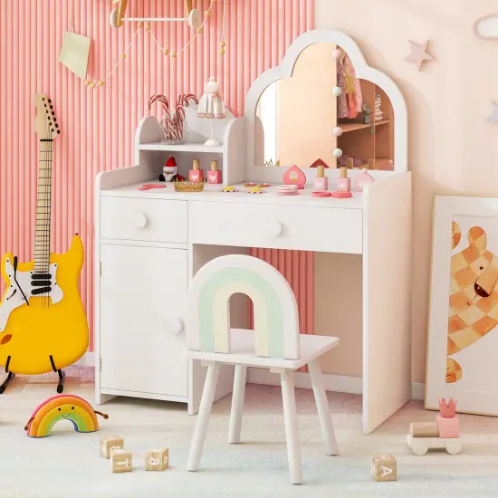 Kids Vanity Set, Cloud Shape Mirror, Storage and Pine Wood Stool White {6}