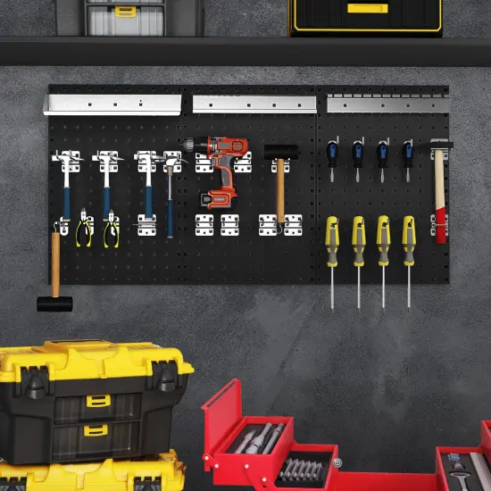 28 Pieces Wall-Mounted Pegboard Kit with 2 Storage Shelf Ideal for Garage Workshop Black {6}