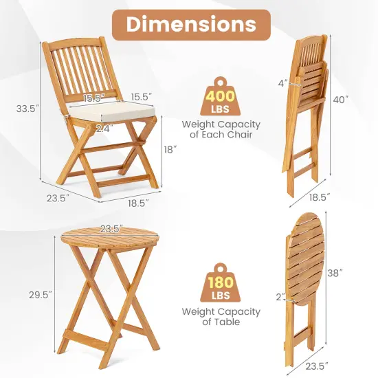 3 Pieces Acacia Wood Patio Folding Bistro Set with Soft Cushions and Slatted Backrest Beige {5}