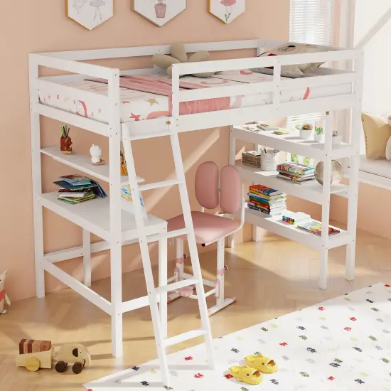 Twin Loft Bed with Desk and Bookshelves for Kids and Teens White {2}