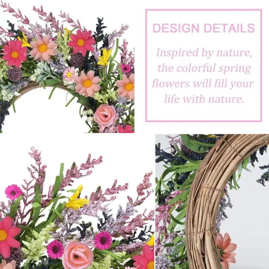 Spring Wreaths for Front Door 20 Inch Artificial Summer Wreath Daisy and Lavender Wreath Wildflowers Wreath for Home Wall Farmhouse Springtime Easter Holiday Party Decor {3}