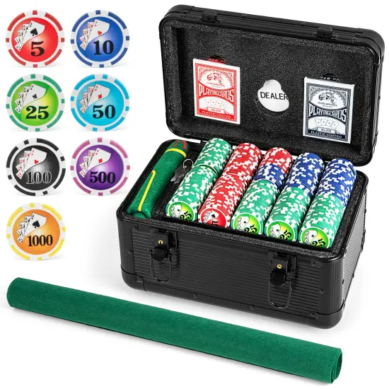 Black Aluminum Poker Chip Set with 600 Chips, Cards, Felt and Carrying Case {4}
