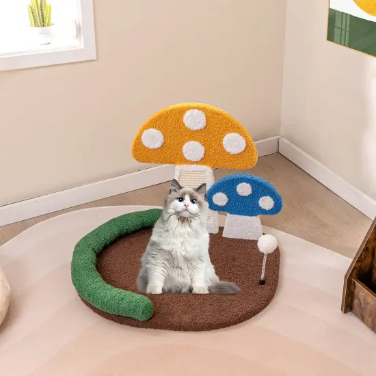 Brown Engineered Wood Mushroom Cat Bed with Scratch Board and Toy {3}