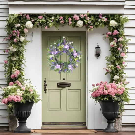21 Inch Spring Wreath for Front Door,Artificial Summer Wreath with Lavender Hydrangeas and Greenery Leaves,Purple Flower Wreath for Home Wall Window Farmhouse Party Holiday Decor {3}