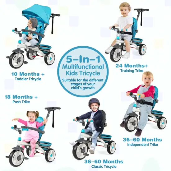 5-in-1 Detachable Baby Stroller Tricycle with Adjustable Sun Protection and Foldable Footrests Blue {6}